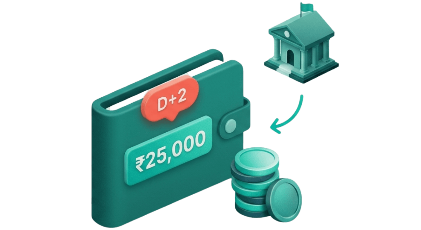 A wallet showing ₹25,000 remitted on a D+2 cycle from the bank into your account