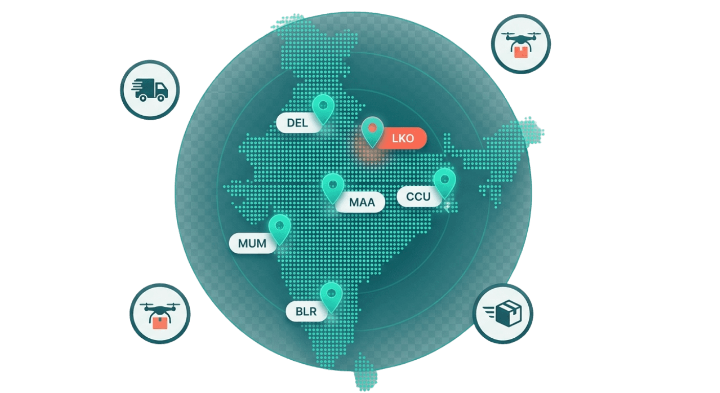 RouteOneX pan-India courier coverage map with delivery pins across major cities