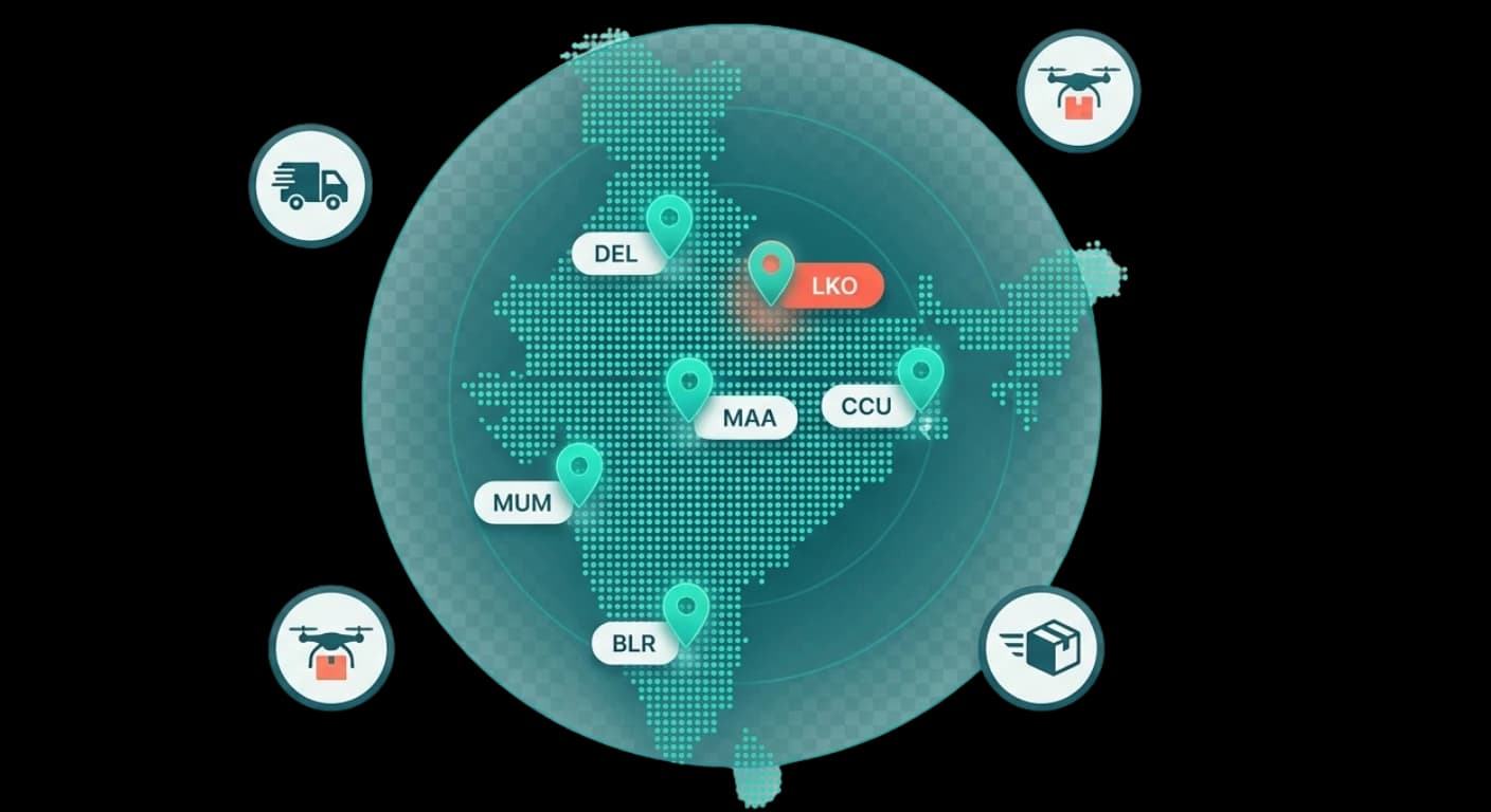 RouteOneX pan-India courier coverage — delivery pins across Delhi, Mumbai, Bengaluru, Chennai, Kolkata, Lucknow