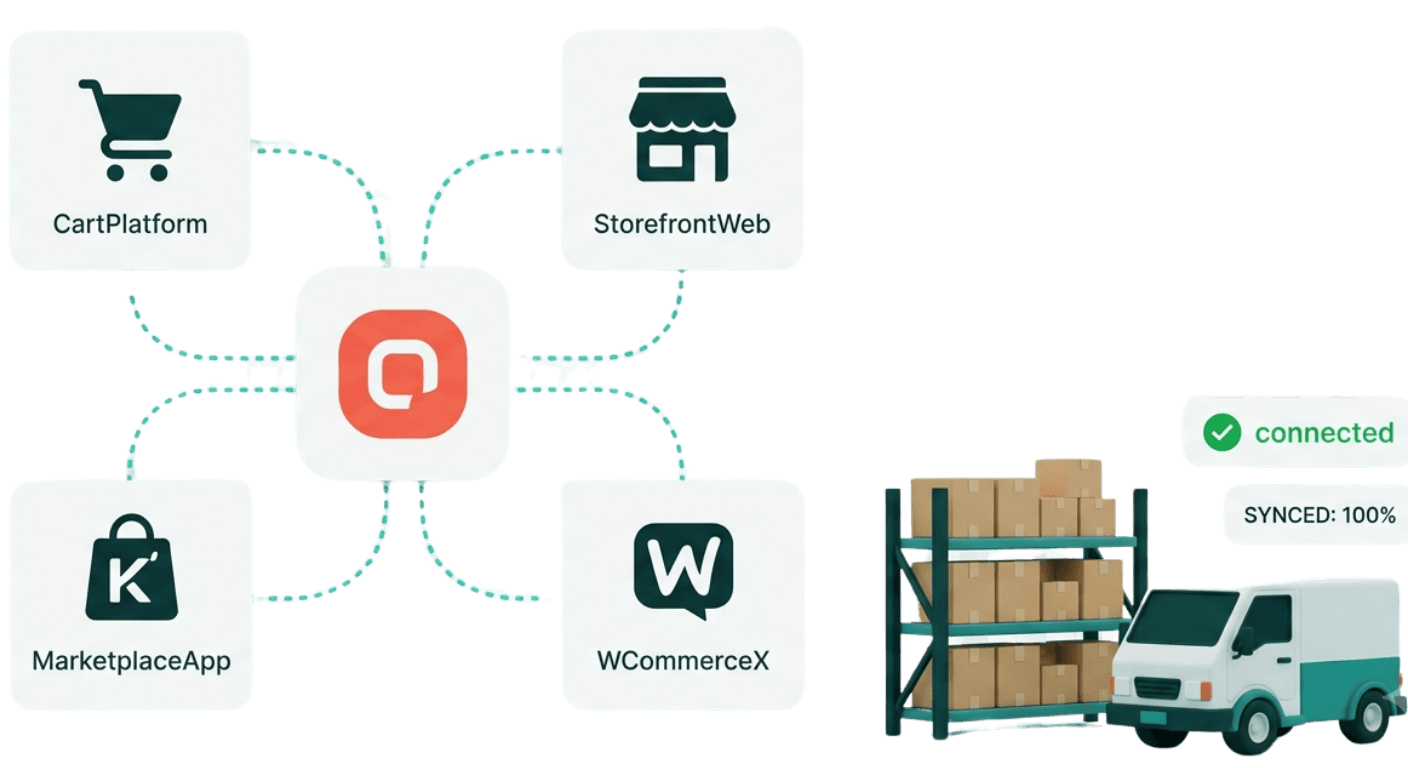 RouteOneX connected to your store platforms and marketplaces, syncing orders to warehouse and courier