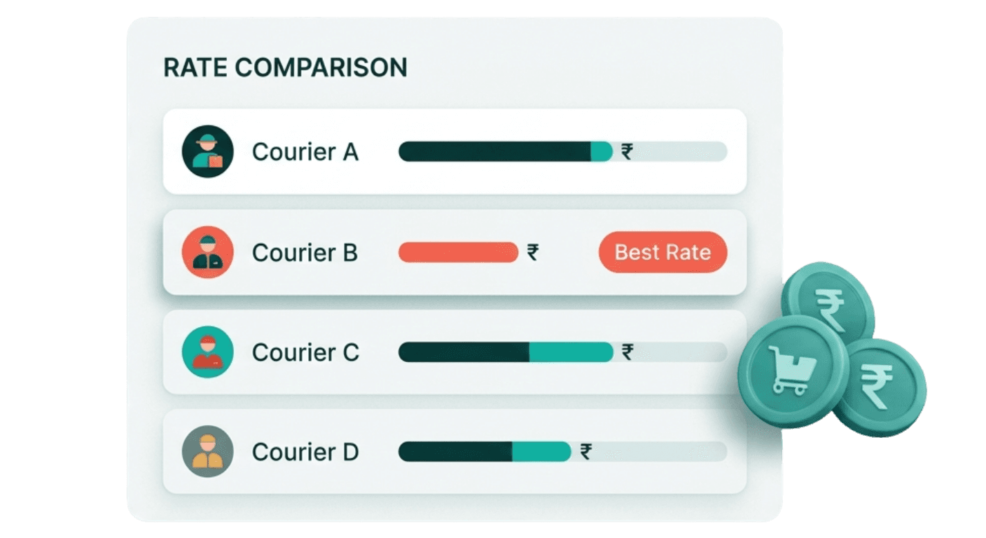RouteOneX rate-comparison showing four couriers ranked by price with the cheapest flagged 'Best Rate'