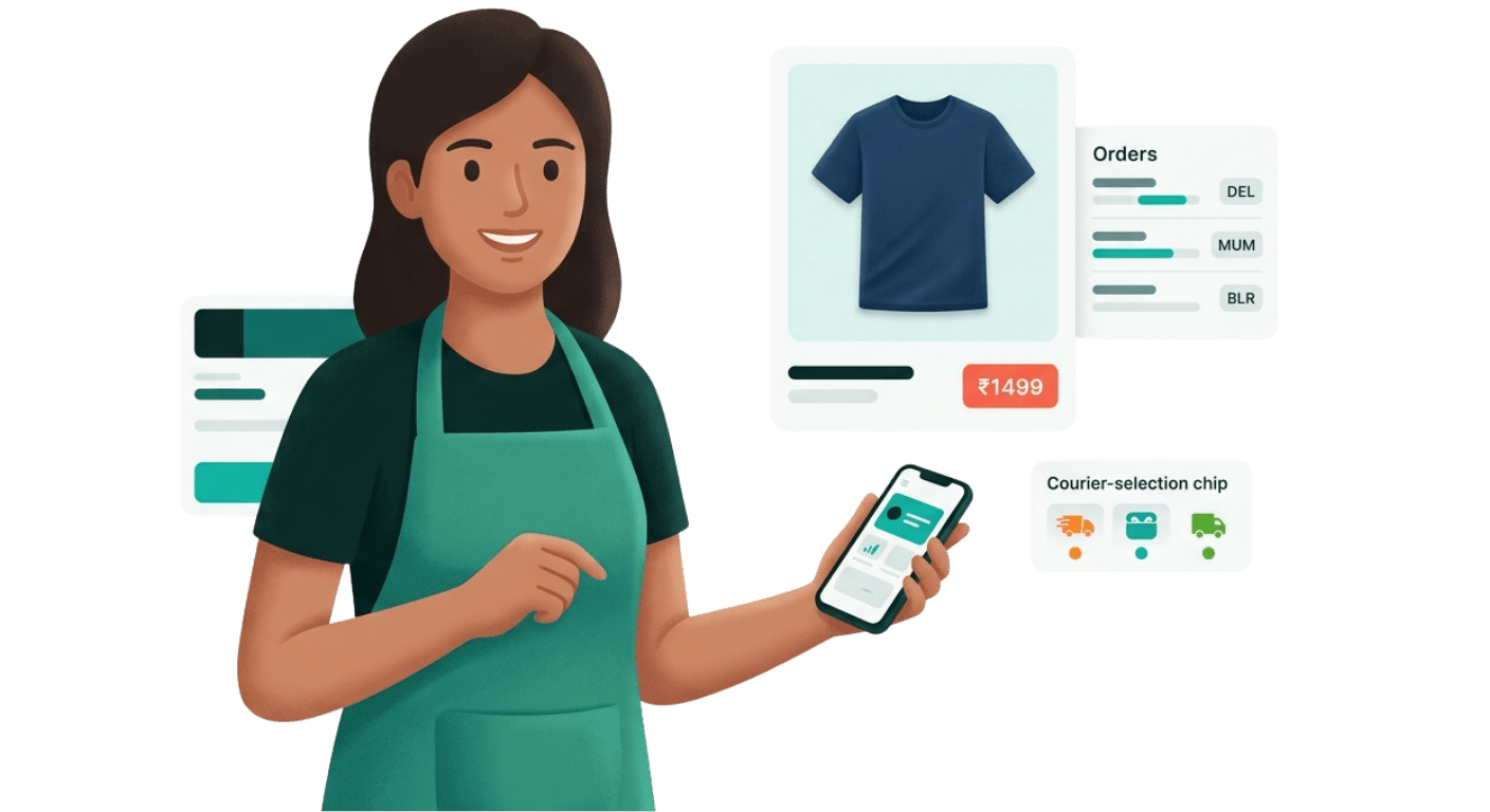 An Indian D2C seller with a phone, a product card and an orders panel showing courier selection
