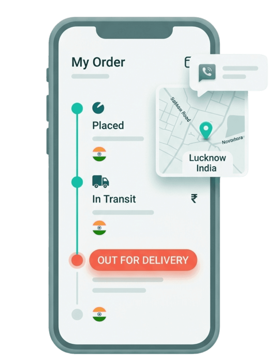 A phone showing a branded order-tracking timeline — placed, in transit, out for delivery — with a live map