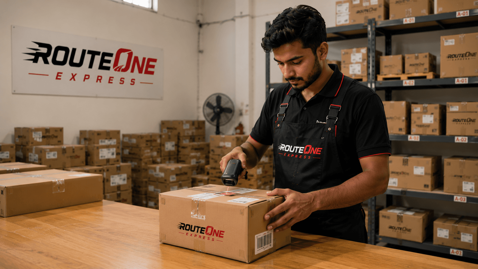 RouteOneX warehouse operator scanning a parcel barcode before dispatch